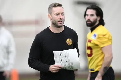 Washington Commanders offensive coordinator Kliff Kingsbury watches during NFL football practice, Friday, Jan. 24, 2025, in Ashburn, Va. (AP Photo/Nick Wass)