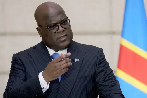 Congo's President Felix Tshisekedi speaks during a press conference at the Elysee Palace in Paris, April 30, 2024. (AP Photo/Christophe Ena, File)