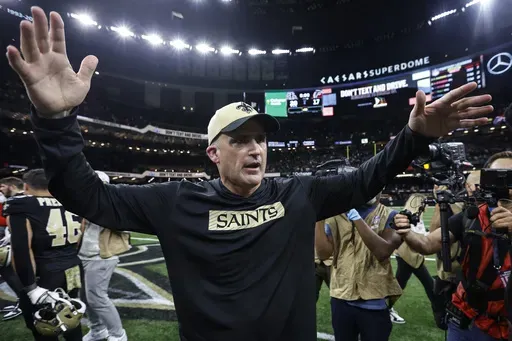 New Orleans Saints interim head coach Darren Rizzi walks off the field after a win over the Atlanta Falcons after an NFL football game, Sunday, Nov. 10, 2024, in New Orleans. The New Orleans Saints won 20-17. (AP Photo/Butch Dill)