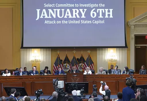 The House select committee investigating the Jan. 6 attack on the U.S. Capitol continues to reveal its findings of a year-long investigation, Thursday, June 23, 2022, at the Capitol in Washington. (Mandel Ngan/Pool via AP)