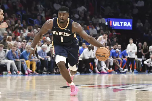 New Orleans Pelicans forward Zion Williamson pushes down the court the second half of an NBA basketball game against the Oklahoma City Thunder, Wednesday, Nov. 1, 2023, in Oklahoma City. (AP Photo/Kyle Phillips)