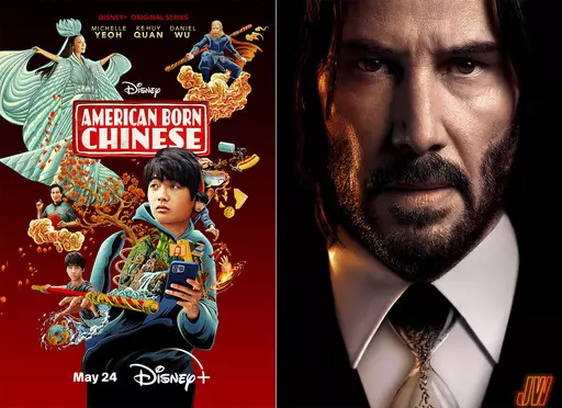 This combination of photos show promotional art for the new action-comedy series “American Born Chinese," premiering Wednesday on Disney+, left, and "John Wick: Chapter 4, available on video on demand. (Disney+/Lionsgate via AP)