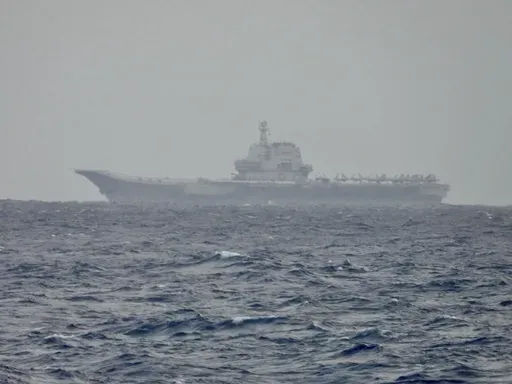 This image released by the Taiwan Ministry of National Defense shows China’s Shandong aircraft carrier sailing near Taiwan on Monday, March 31, 2025. (Taiwan Ministry of National Defense via AP)