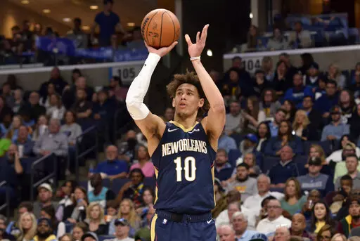 New Orleans Pelicans center Jaxson Hayes (10) shoots against the Memphis Grizzlies during an NBA basketball game April 9, 2022, in Memphis, Tenn. Hayes has been sentenced to three years’ probation, 450 hours of community service, and a year of weekly domestic violence classes in connection with his arrest last summer in Los Angeles. (AP Photo/Brandon Dill, File)