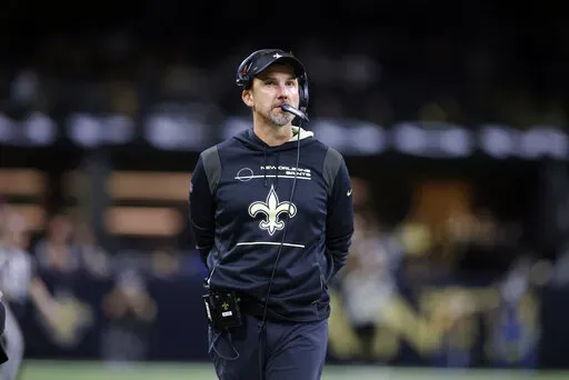 New Orleans Saints defensive coach Dennis Allen is seen during an NFL football game against the Carolina Panthers, Sunday, Jan. 2, 2022, in New Orleans. On Monday, Feb. 7, 2022, two people familiar with the decision say the New Orleans Saints have promoted Allen to head coach. (AP Photo/Tyler Kaufman, File)