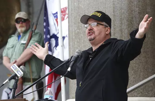 Stewart Rhodes, the founder of Oath Keepers, speaks during a gun rights rally at the Connecticut State Capitol in Hartford, Conn., April 20, 2013. Federal prosecutors are preparing to lay out their case against the founder of the Oath Keepers’ extremist group and four associates. They are charged in the most serious case to reach trial yet in the Jan. 6, 2021, U.S. Capitol attack. Opening statements are expected Monday in Washington’s federal court in the trial of Stewart Rhodes and others c