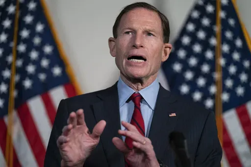 Sen. Richard Blumenthal, D-Conn., speaks during a news conference on Capitol Hill, Feb. 1, 2022, in Washington. (AP Photo/Evan Vucci, File)