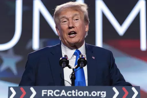 Former President Donald Trump speaks during the Pray Vote Stand Summit, Friday, Sept. 15, 2023, in Washington. Trump repeatedly declined in an interview aired Sunday, Sept. 17, 2023, to answer questions about whether he watched the Capitol riot unfold on television, saying he would “tell people later at an appropriate time.” (AP Photo/Jose Luis Magana, File)