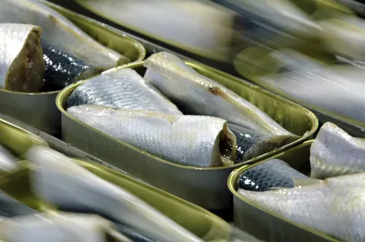 FILE 0 Packed sardine cans move down the assembly line at the Stinson Seafood plant Monday, April 25, 2005, in Gouldsboro, Maine. (AP Photo/Robert F. Bukaty, File)