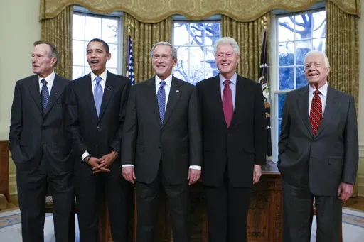 FILE — From left, former President George H.W. Bush, President-elect Barack Obama, President George W. Bush, former President Bill Clinton and former President Jimmy Carter meet in the Oval Office at the White House in Washington, on Jan. 7, 2009. (AP Photo/J. Scott Applewhite, File)
