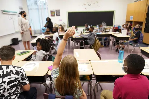 A student raises their hand in a classroom at Tussahaw Elementary school Aug. 4, 2021, in McDonough, Ga. (AP Photo/Brynn Anderson, File)