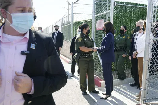 Vice President Kamala Harris talks to Gloria Chavez, Chief Patrol Agent of the El Paso Sector, as she tours the U.S. Customs and Border Protection Central Processing Center, June 25, 2021, in El Paso, Texas. (AP Photo/Jacquelyn Martin, File)