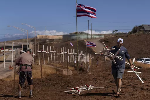 Ethan Meyers, right, carries crosses to put up to honor the victims killed in a recent wildfire in Lahaina, Hawaii, Tuesday, Aug. 22, 2023. Two weeks after the deadliest U.S. wildfire in more than a century swept through the Maui community of Lahaina, authorities say anywhere between 500 and 1,000 people remain unaccounted for — a staggering number for officials facing huge challenges to determine how many of those perished and how many may have made it to safety but haven't checked in. (AP Ph