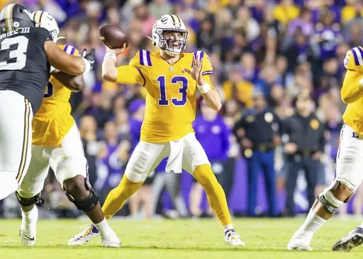 Tigers Quarterback Garrett Nussmeier 13 throws a pass as LSU takes on Vanderbilt Saturday, Nov. 23, 2024, in Baton Rouge, La. (Scott Clause/The Daily Advertiser via AP)