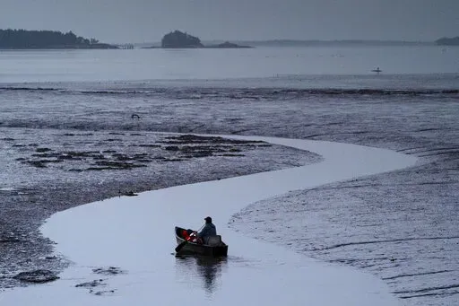 Clam digger Scott Lavers paddles his canoe on his way to work on a mudflat exposed by the receding tide, in this Friday, Sept. 4, 2020, file photo in Freeport, Maine. Warming waters and invasive species are threatening a way of life for many in the country's seafood industry. (AP Photo/Robert F. Bukaty)