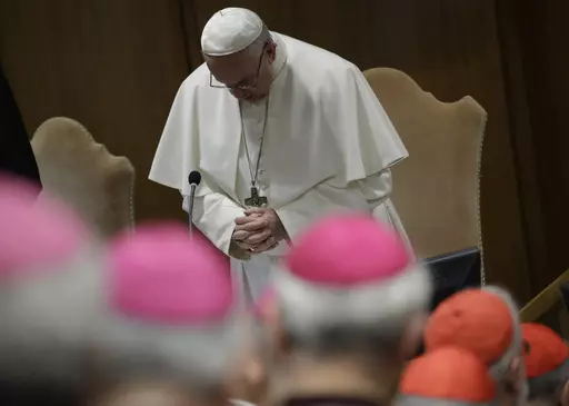 Pope Francis prays at the beginning of the third day of a Vatican's conference on dealing with sex abuse by priests, at the Vatican, Saturday, Feb. 23, 2019. Five years ago this week, Francis convened an unprecedented summit of bishops from around the world to impress on them that clergy abuse was a global problem and they needed to address it, but now, five years later, despite new church laws to hold bishops accountable and promises to do better, the Catholic Church's in-house legal system and