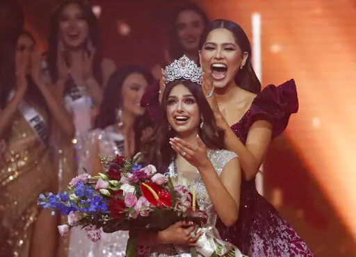 Miss Universe 2020 Andrea Meza, right, crowns India's Harnaaz Sandhu as Miss Universe 2021 during the 70th Miss Universe pageant, Monday, Dec. 13, 2021, in Eilat, Israel. New Orleans will be the site of the 71st Miss Universe contest, bringing together nearly 90 women contestants from around the world in January 2023, the Miss Universe Organization said. (AP Photo/Ariel Schalit, File)