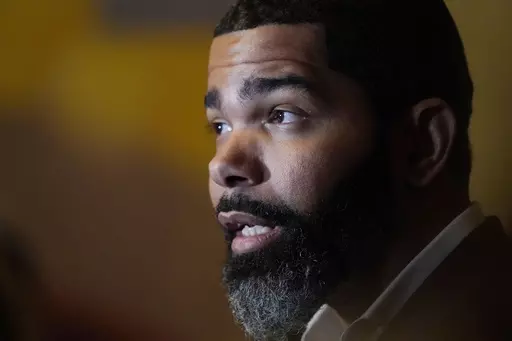 Mayor Chokwe Antar Lumumba speaks with reporters about the efforts underway to deliver a sustainable water system for Jackson residents following a roundtable discussion with community leaders and residents, Nov. 15, 2022, at Jackson State University in Jackson, Miss. The Mississippi Supreme Court ruled Thursday, March 9, 2023, that the mayor did not have the power to veto the Jackson City Council's rejection of a garbage collection contract. (AP Photo/Rogelio V. Solis, File)
