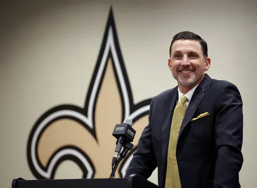 New Orleans Saints new head coach Dennis Allen speaks during a news conference at the NFL football team's training facility Feb. 8, 2022, in Metairie, La. The Saints have been relatively small players in free agency this offseason. They figure to be more active in next week’s draft. “As an overall philosophy,” first-year head coach Allen said, “I’d rather augment our team through free agency and really build our team through the draft.” (AP Photo/Derick Hingle, File)
