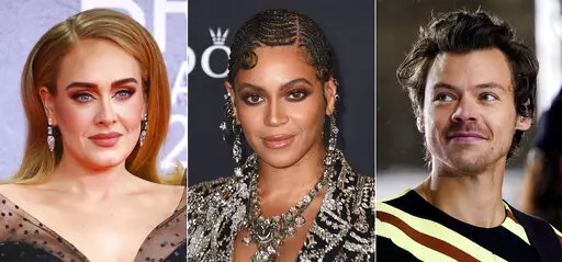 This combination of photos shows top nominees for the Gramy Awards, from left, Adele, Beyonce and Harry Styles. (AP Photo)