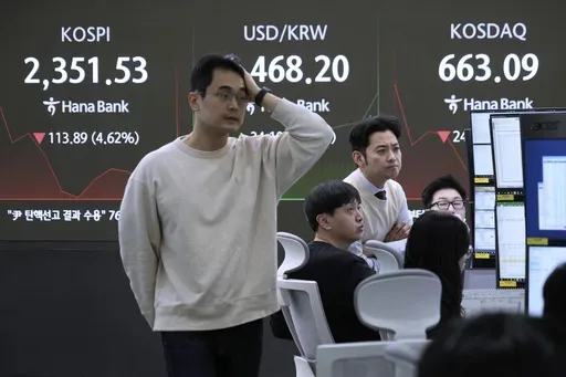 Currency traders work near a screen showing the Korea Composite Stock Price Index (KOSPI), top left, and the foreign exchange rate between U.S. dollar and South Korean won, top center, at the foreign exchange dealing room of the KEB Hana Bank headquarters in Seoul, South Korea, Monday, April 7, 2025. (AP Photo/Ahn Young-joon)