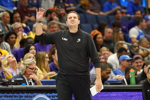 LSU head coach Will Wade directs his team against Missouri during the first half of an NCAA men's college basketball game at the Southeastern Conference tournament in Tampa, Fla., Thursday, March 10, 2022. (AP Photo/Chris O'Meara)
