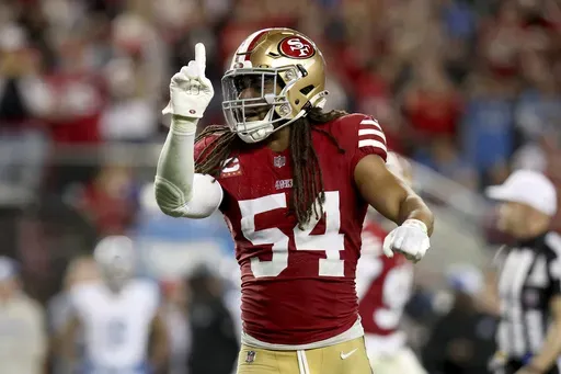 San Francisco 49ers linebacker Fred Warner (54) gestures during the NFC Championship NFL football game against the Detroit Lions in Santa Clara, Calif., Sunday, Jan. 28, 2024. (AP Photo/Scot Tucker, File(