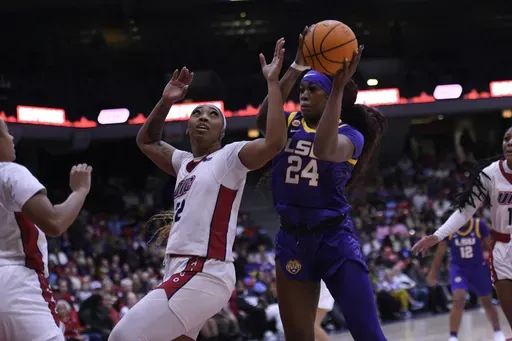 LSU's Aneesah (24) battles Illinois-Chicago's Keimari for a rebound during the first half of an NCAA college basketball game Thursday, Dec. 19, 2024, in Chicago. (AP Photo/Paul Beaty)