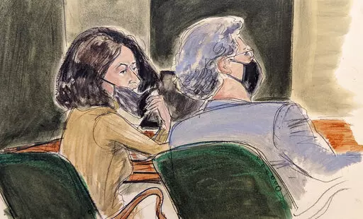 In this courtroom sketch, Ghislaine Maxwell, left, pulls down her mask to talk to one of her lawyers, Jeffrey Pagliuca, during Maxwell's sex trafficking trial, Monday, Dec. 27, 2021, in New York. (AP Photo/Elizabeth Williams, File)
