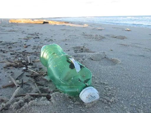 A plastic beverage bottle appears on the sand in Sandy Hook, N.J.on Feb. 6, 2022. (AP Photo/Wayne Parry, File)