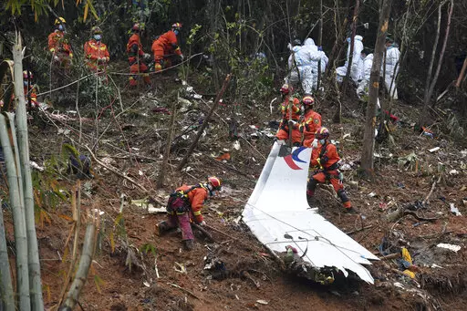 In this photo released by Xinhua News Agency, search and rescue workers conduct search for the black box near the debris at the China Eastern flight crash site in Tengxian County in southern China's Guangxi Zhuang Autonomous Region on Thursday, March 24, 2022. Hundreds of people in rain gear and rubber boots searched muddy, forested hills in southern China on Thursday for the second flight recorder from a jetliner that crashed with 132 people aboard. (Lu Boan/Xinhua via AP)