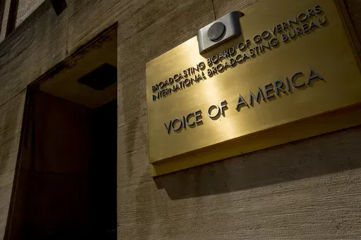 The Voice of America building, Monday, June 15, 2020, in Washington. (AP Photo/Andrew Harnik, File)