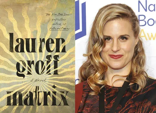 This combination of photos shows the book cover image for "Matrix," a novel by Lauren Groff, left, and Groff at the 69th National Book Awards Ceremony and Benefit Dinner at Cipriani Wall Street in New York on Nov. 14, 2018. Groff's novel is among the finalists for best lesbian fiction for the Lambda awards. (Riverhead via AP, left, and AP Photo)