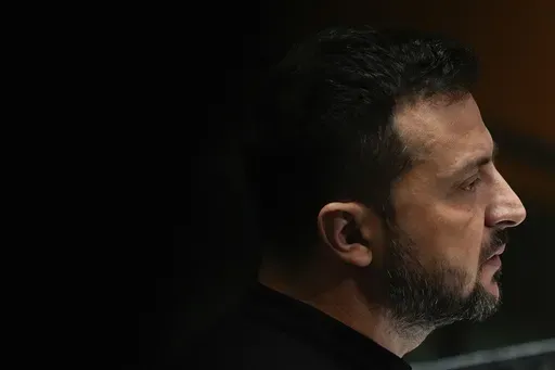 Ukraine President Volodymyr Zelenskyy addresses the 79th session of the United Nations General Assembly, Wednesday, Sept. 25, 2024, at the UN headquarters. (AP Photo/Julia Demaree Nikhinson)