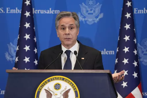 U.S. Secretary of State Antony Blinken speaks during a press conference in Tel Aviv, Israel, Wednesday, Feb. 7, 2024. (AP Photo/Mark Schiefelbein, Pool)