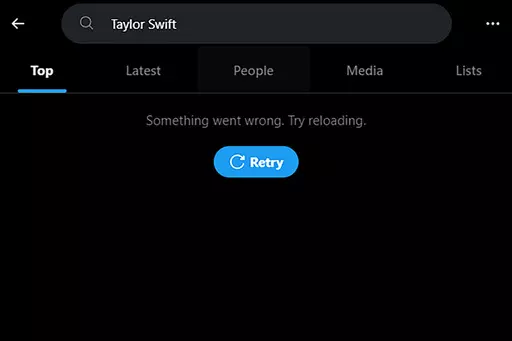 This screenshot made on Monday, Jan. 29, 2024, shows a Taylor Swift search error on social media platform X. X has blocked some searches for Swift as pornographic deepfake images of the singer have circulated online.(AP Photo)