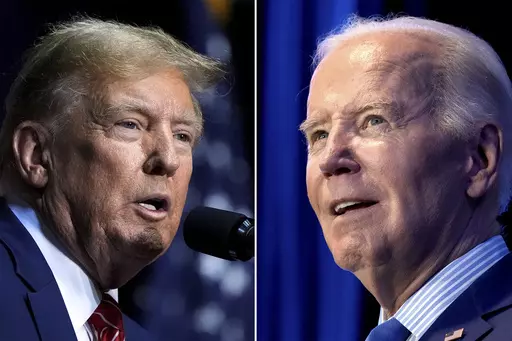 This combo image shows Republican presidential candidate former President Donald Trump, left, March 9, 2024 and President Joe Biden, right, Jan. 27, 2024. (AP Photo, File)