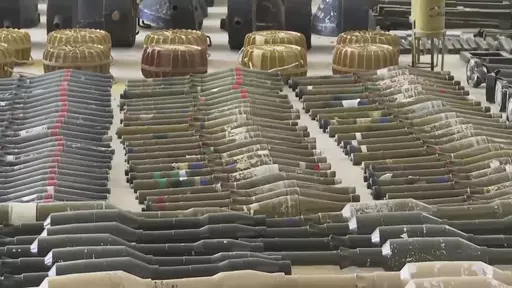 Suspected North Korean-made F-7 rocket-propelled grenades, many with a distinctive red stripe on their warhead, are seen at an Israeli military base in southern Israel, Sunday, Oct. 15, 2023. Hamas fighters likely used North Korean-manufactured rocket-propelled grenades during their unprecedented assault on Israel that killed over 1,400 people and saw scores taken hostage, despite Pyongyang denying its weapons arm the militant group. South Korean officials, two experts on North Korean arms and a