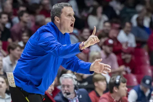 McNeese State head coach Will Wade signals to his players during the first half of an NCAA college basketball game against Alabama, Monday, Nov. 11, 2024, in Tuscaloosa, Ala. (AP Photo/Vasha Hunt, File)