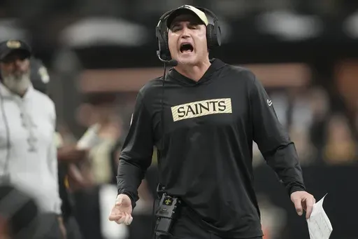New Orleans Saints interim head coach Darren Rizzi yells on the sideline in the first half of an NFL football game against the Washington Commanders in New Orleans, Sunday, Dec. 15, 2024. (AP Photo/Gerald Herbert)