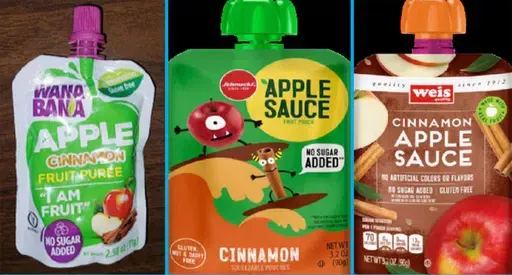 This image provided by the U.S. Food and Drug Administration on Nov. 17, 2023, shows three recalled applesauce products - WanaBana apple cinnamon fruit puree pouches, Schnucks-brand cinnamon-flavored applesauce pouches and variety pack, and Weis-brand cinnamon applesauce pouches. Dollar Tree failed to effectively recall the lead-tainted applesauce pouches linked to reports of illness in more than 500 children, leaving the products on some stores shelves for two months, the Food and Drug Administ