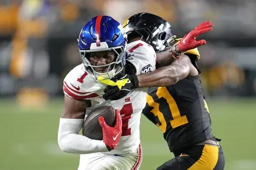New York Giants wide receiver Malik Nabers (1) is tackled by Pittsburgh Steelers cornerback Beanie Bishop Jr. (31) after making a catch during the first half of an NFL football game Monday, Oct. 28, 2024. (AP Photo/Gene J. Puskar, File)