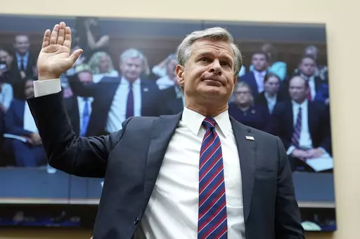 FBI Director Christopher Wray is sworn in before testifying at a House Committee on the Judiciary oversight hearing, Wednesday, July 12, 2023, on Capitol Hill in Washington. (AP Photo/Patrick Semansky)