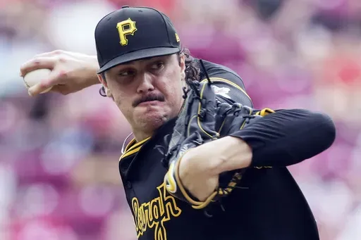 Pittsburgh Pirates' Paul Skenes throws during the first inning of a baseball game Cincinnati Reds, Sunday, Sept. 22, 2024, in Cincinnati. (AP Photo/Kareem Elgazzar, File)