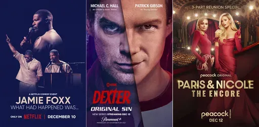 This combination of photos show promotional art for the comedy special "Jamie Foxx: What Had Happened Was...," left, the new series "Dexter: Original Sin," center, and the three-part series "Paris & Nicole: The Encore." (Netflix/Paramount+/Peacock via AP)