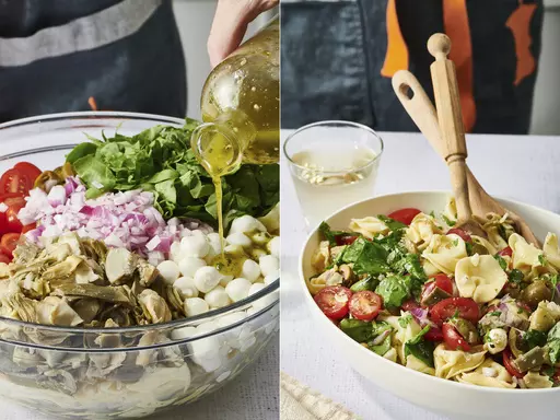This combination of photos shows a recipe for tortellini salad prepared in New York. (Cheyenne Cohen via AP)