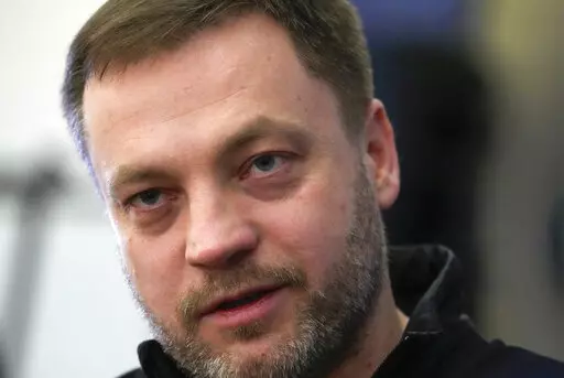 Ukrainian Interior Minister Denys Monastyrsky speaks during an interview with The Associated Press in Kyiv, Ukraine, Friday, March 18, 2022. Monastyrsky said that it will take years to defuse the unexploded ordnance once the Russian invasion is over. (AP Photo/Efrem Lukatsky)