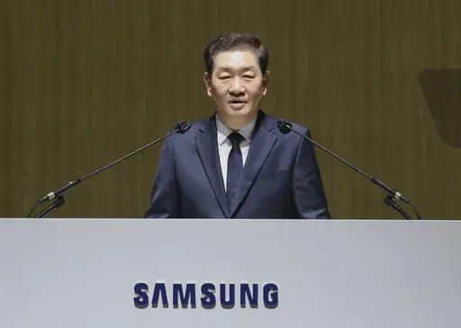 Han Jong-Hee, a senior Samsung Electronics executive credited with elevating the South Korean tech giant's TV business to global leadership, speaks during the company's annual general meeting at the Suwon Convention Center in Suwon, South Korea, Wednesday, March 19, 2025. (Yonhap via AP)