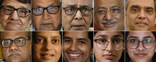 This combo photograph shows Indian voters, top row left to right, Raj Sud, 94, Niranjan Kapasi, 89 , Kuldip Chadha, 79, Ajay Sud, 63, Dhiren Singh, 58, and in second row, left to right, Ajay Jasra, 56, Retha Singh, 49, Shruti Sud, 34, Manya Sachdev, 22 and Anita Jasra, 18, as they talk to the Associated Press about the national elections, in New Delhi, India, March 29, 2024. (AP Photo/Manish Swarup)