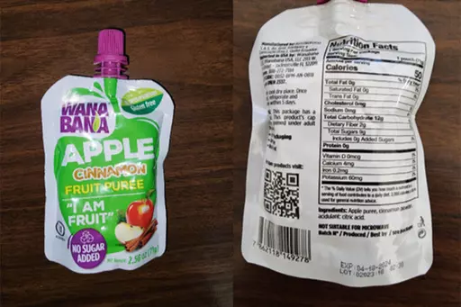 This photo provided by the U.S. Food and Drug Administration on Oct. 28, 2023, shows a WanaBana apple cinnamon fruit puree pouch. On Monday, Nov. 13, 2023, U.S. health officials are warning doctors to be on the lookout for possible cases of lead poisoning in children after at least 22 toddlers in 14 states were sickened by lead linked to tainted pouches of cinnamon apple puree and applesauce. Brands include WanaBana brand apple cinnamon fruit puree and Schnucks and Weis brand cinnamon applesauce